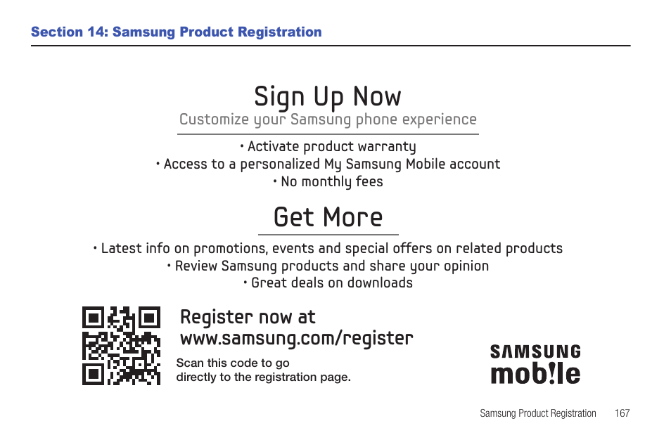 Section 14: samsung product registration, Get more, Sign up now | Samsung YP-G1CWY-XAA User Manual | Page 171 / 176