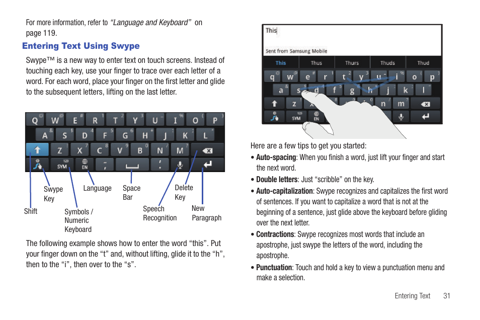 Entering text using swype | Samsung YP-G1CWY-XAA User Manual | Page 35 / 176