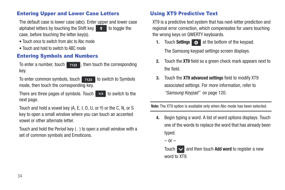 Entering upper and lower case letters, Entering symbols and numbers, Using xt9 predictive text | Samsung YP-G1CWY-XAA User Manual | Page 38 / 176