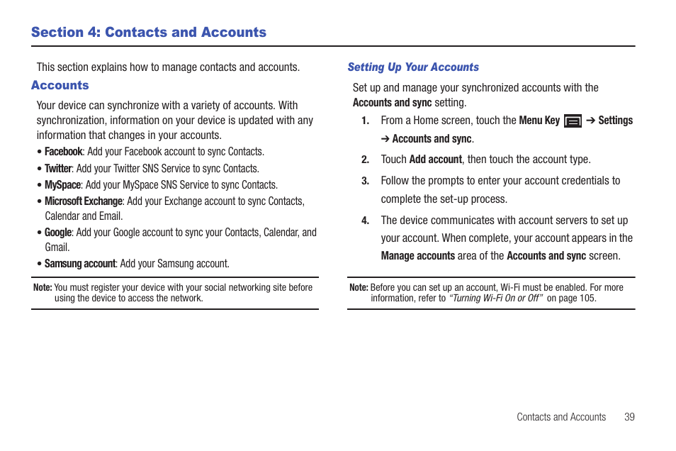 Section 4: contacts and accounts, Accounts | Samsung YP-G1CWY-XAA User Manual | Page 43 / 176
