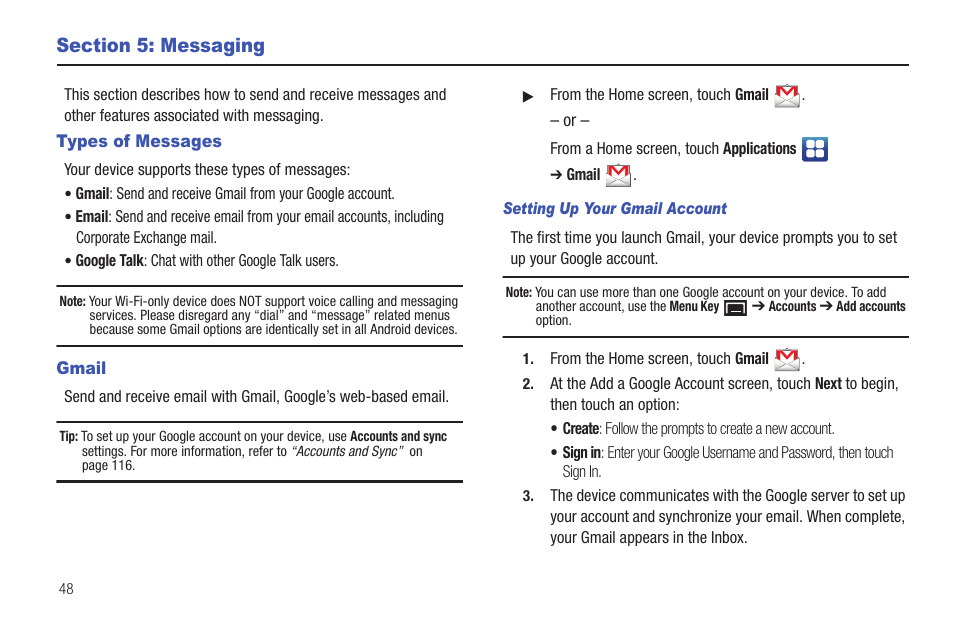 Section 5: messaging, Types of messages, Gmail | Types of messages gmail | Samsung YP-G1CWY-XAA User Manual | Page 52 / 176