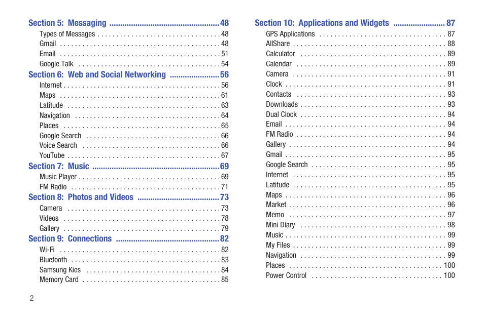 Section 5: messaging 48, Section 6: web and social networking 56, Section 7: music 69 | Section 8: photos and videos 73, Section 9: connections 82, Section 10: applications and widgets 87 | Samsung YP-G1CWY-XAA User Manual | Page 6 / 176
