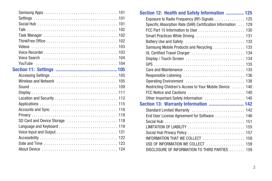 Section 11: settings 105, Section 12: health and safety information 125, Section 13: warranty information 142 | Samsung YP-G1CWY-XAA User Manual | Page 7 / 176