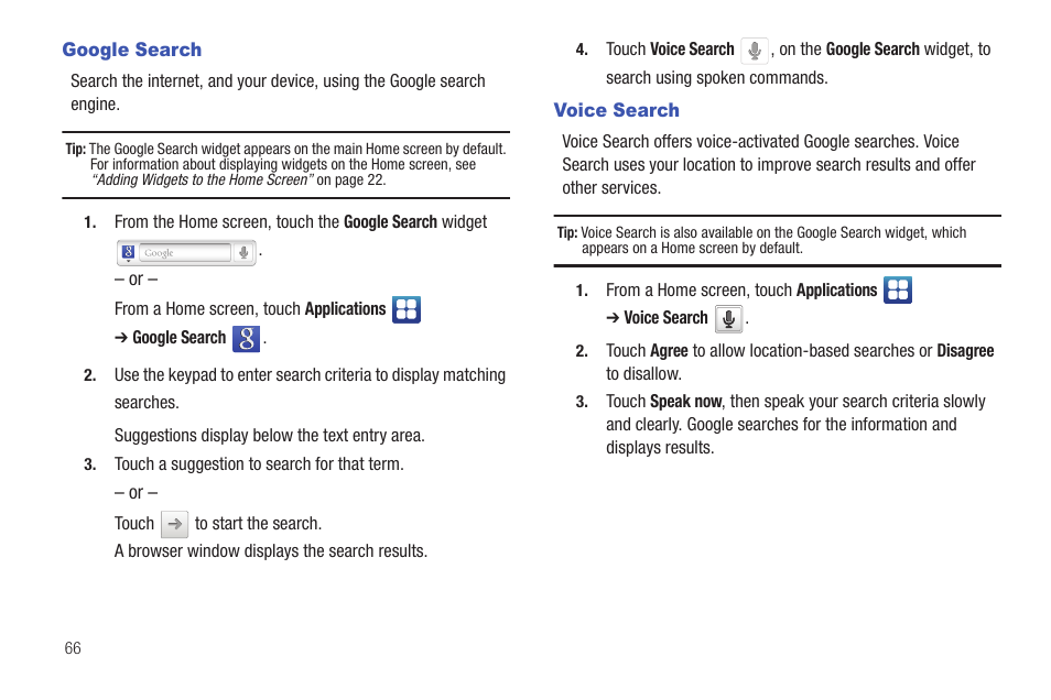 Google search, Voice search, Google search voice search | Samsung YP-G1CWY-XAA User Manual | Page 70 / 176