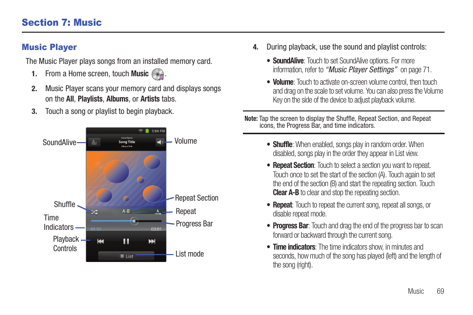Section 7: music, Music player | Samsung YP-G1CWY-XAA User Manual | Page 73 / 176
