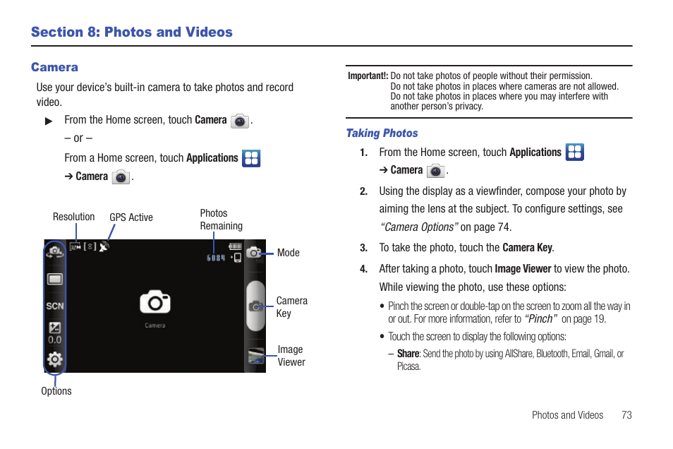 Section 8: photos and videos, Camera | Samsung YP-G1CWY-XAA User Manual | Page 77 / 176