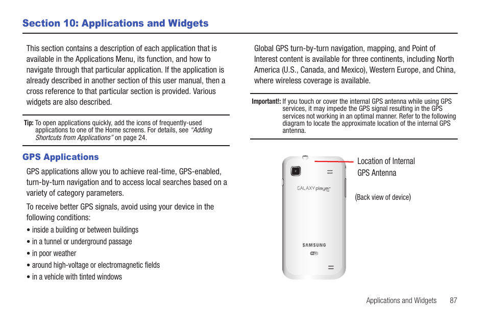 Section 10: applications and widgets, Gps applications | Samsung YP-G1CWY-XAA User Manual | Page 91 / 176