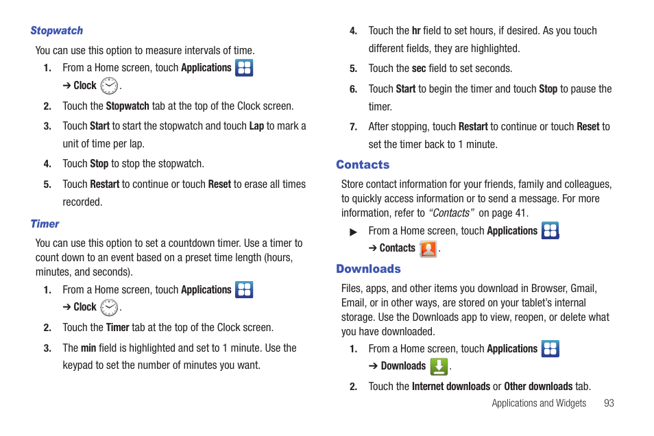 Contacts, Downloads, Contacts downloads | Samsung YP-G1CWY-XAA User Manual | Page 97 / 176