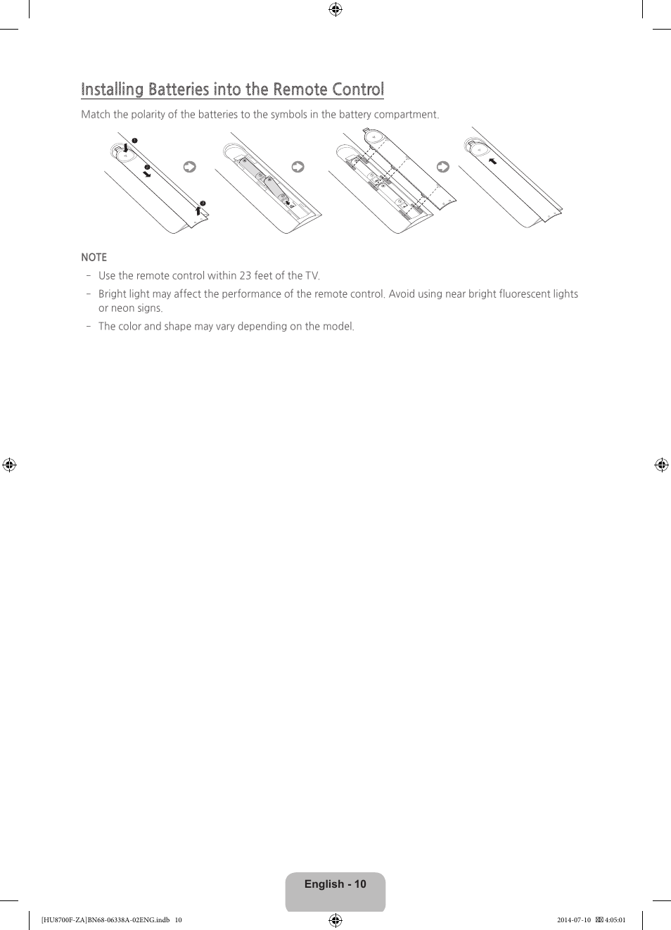 Installing batteries into the remote control | Samsung UN55HU8700FXZA User Manual | Page 10 / 39