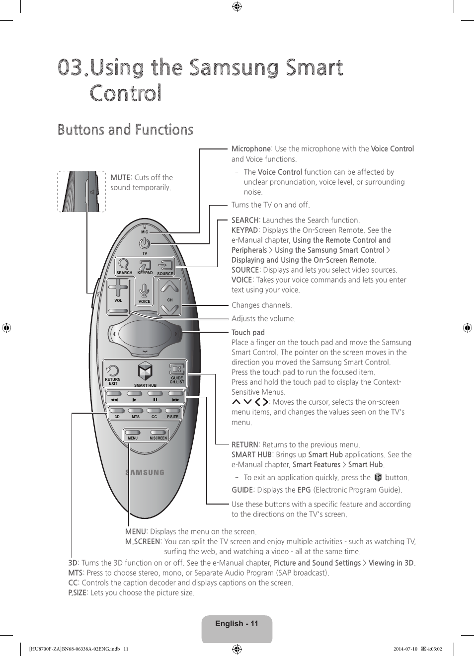 Using the samsung smart control, Buttons and functions, English - 11 | Samsung UN55HU8700FXZA User Manual | Page 11 / 39