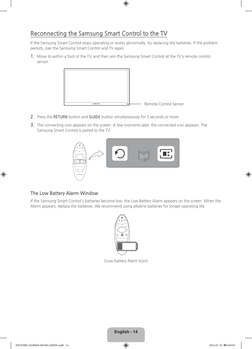 Reconnecting the samsung smart control to the tv | Samsung UN55HU8700FXZA User Manual | Page 14 / 39