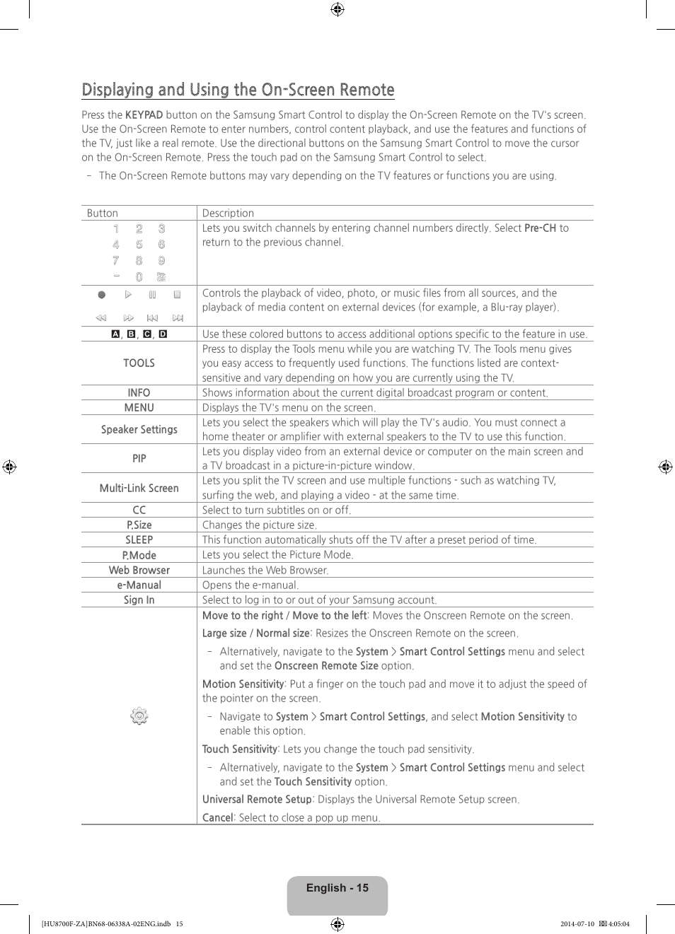 Displaying and using the on-screen remote | Samsung UN55HU8700FXZA User Manual | Page 15 / 39