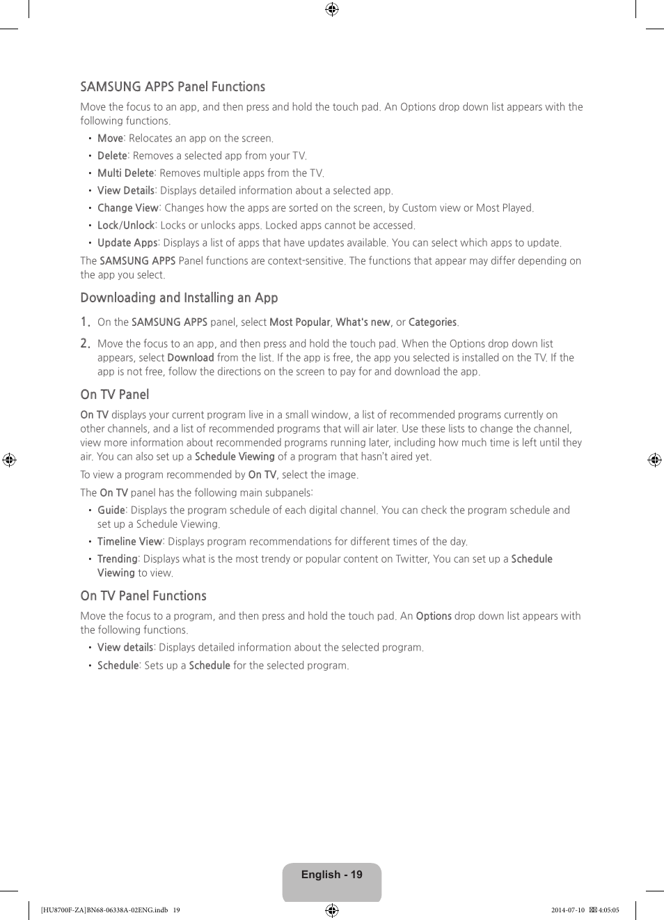 Samsung apps panel functions, Downloading and installing an app, On tv panel | On tv panel functions | Samsung UN55HU8700FXZA User Manual | Page 19 / 39
