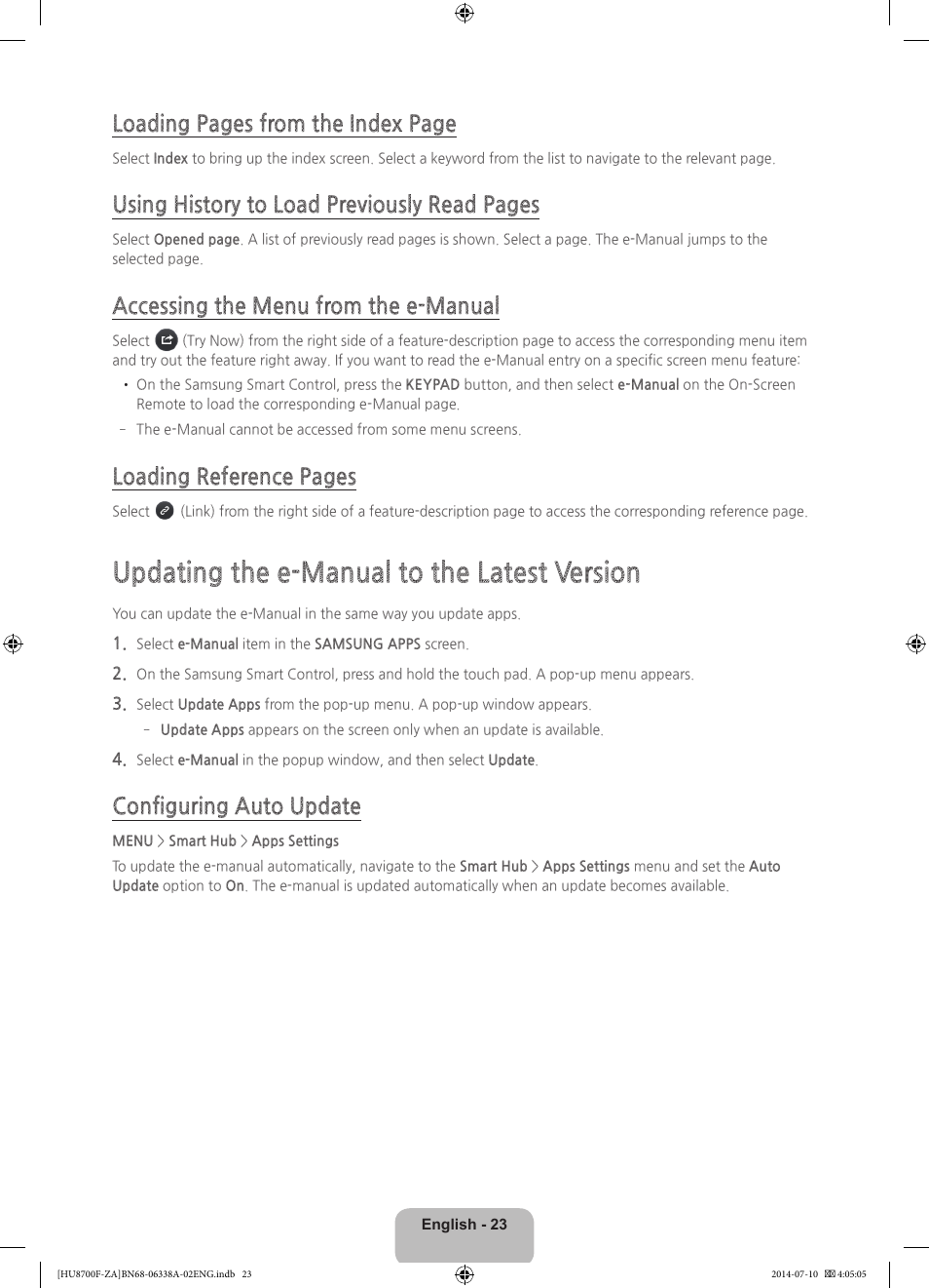 Updating the e-manual to the latest version, Loading pages from the index page, Using history to load previously read pages | Accessing the menu from the e-manual, Loading reference pages, Configuring auto update | Samsung UN55HU8700FXZA User Manual | Page 23 / 39