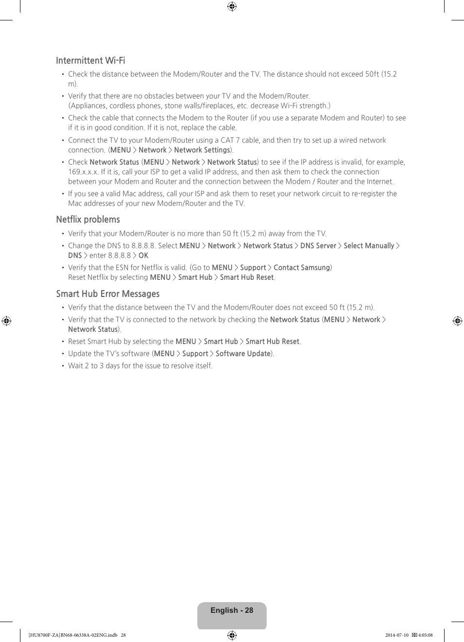 Intermittent wi-fi, Netflix problems, Smart hub error messages | Samsung UN55HU8700FXZA User Manual | Page 28 / 39