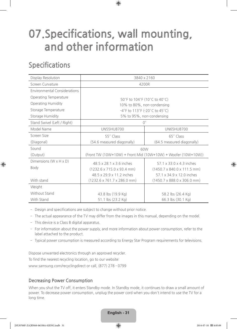 Specifications | Samsung UN55HU8700FXZA User Manual | Page 31 / 39