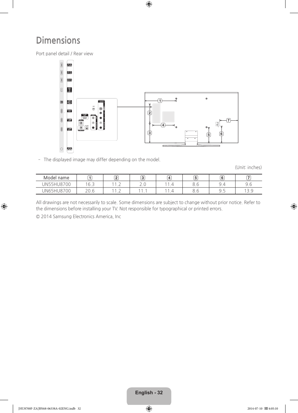 Dimensions | Samsung UN55HU8700FXZA User Manual | Page 32 / 39