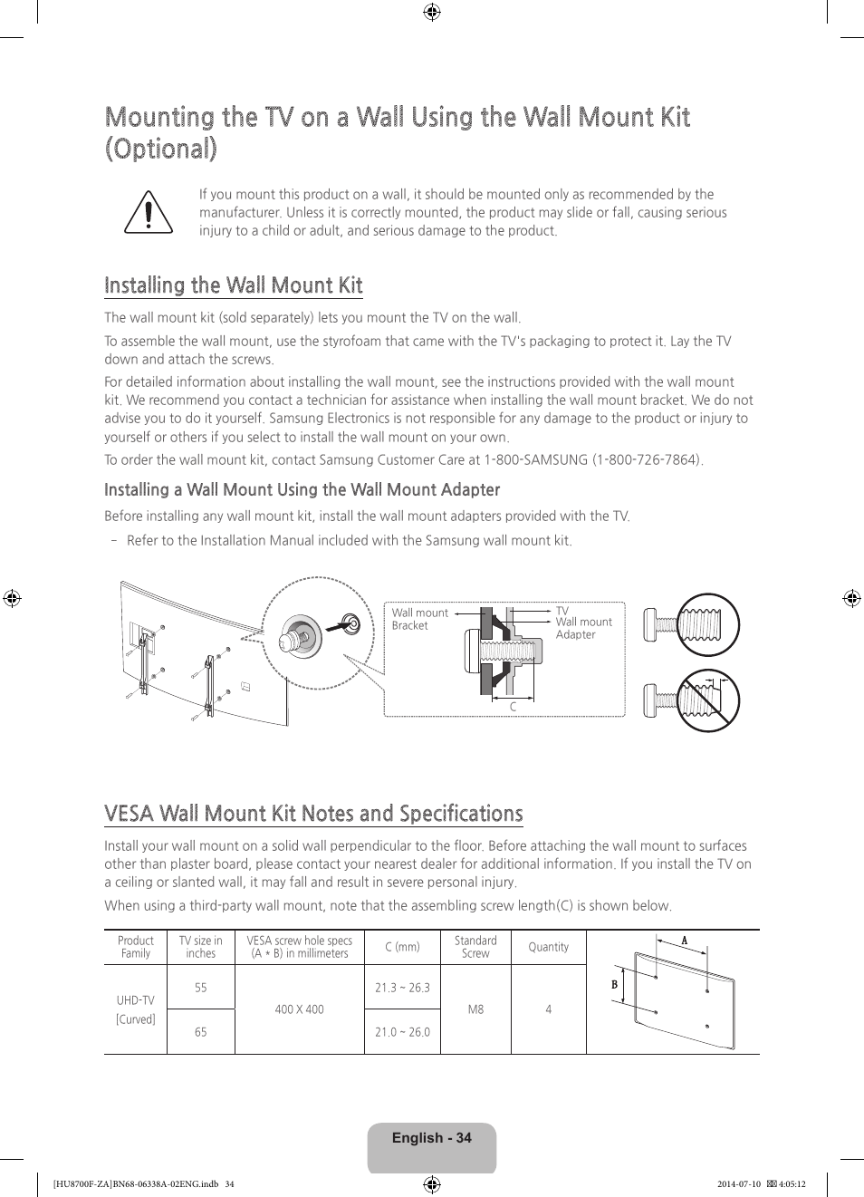 Installing the wall mount kit | Samsung UN55HU8700FXZA User Manual | Page 34 / 39