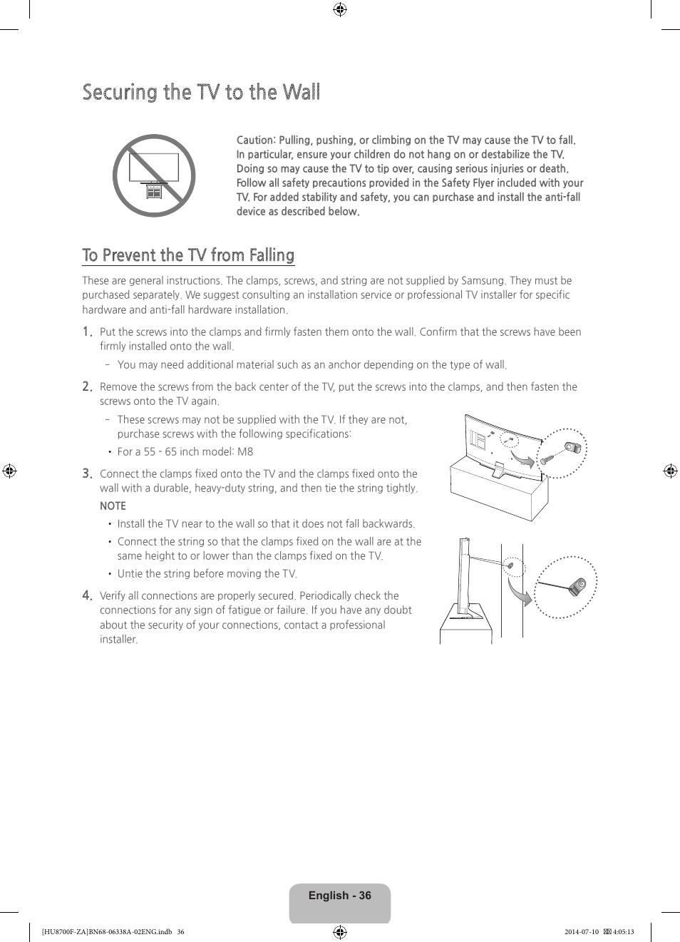 Securing the tv to the wall | Samsung UN55HU8700FXZA User Manual | Page 36 / 39