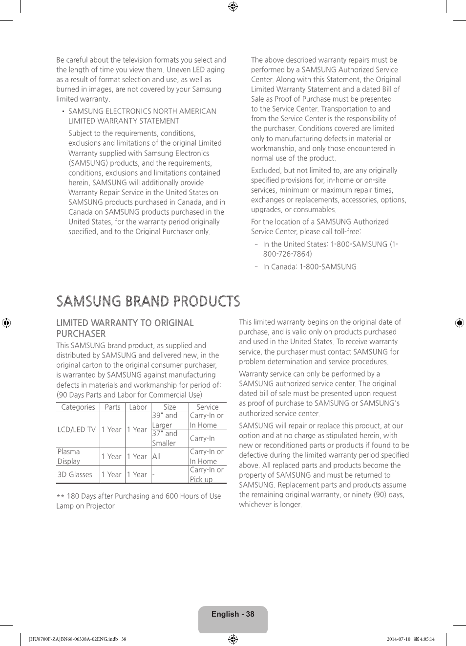 Samsung brand products, Limited warranty to original purchaser | Samsung UN55HU8700FXZA User Manual | Page 38 / 39