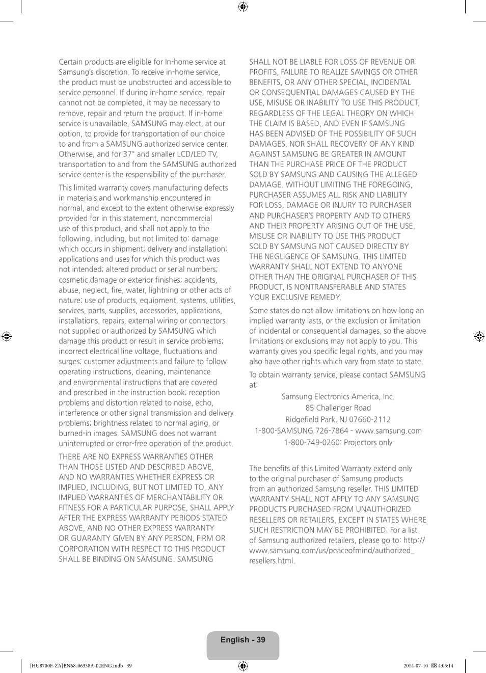 Samsung UN55HU8700FXZA User Manual | Page 39 / 39