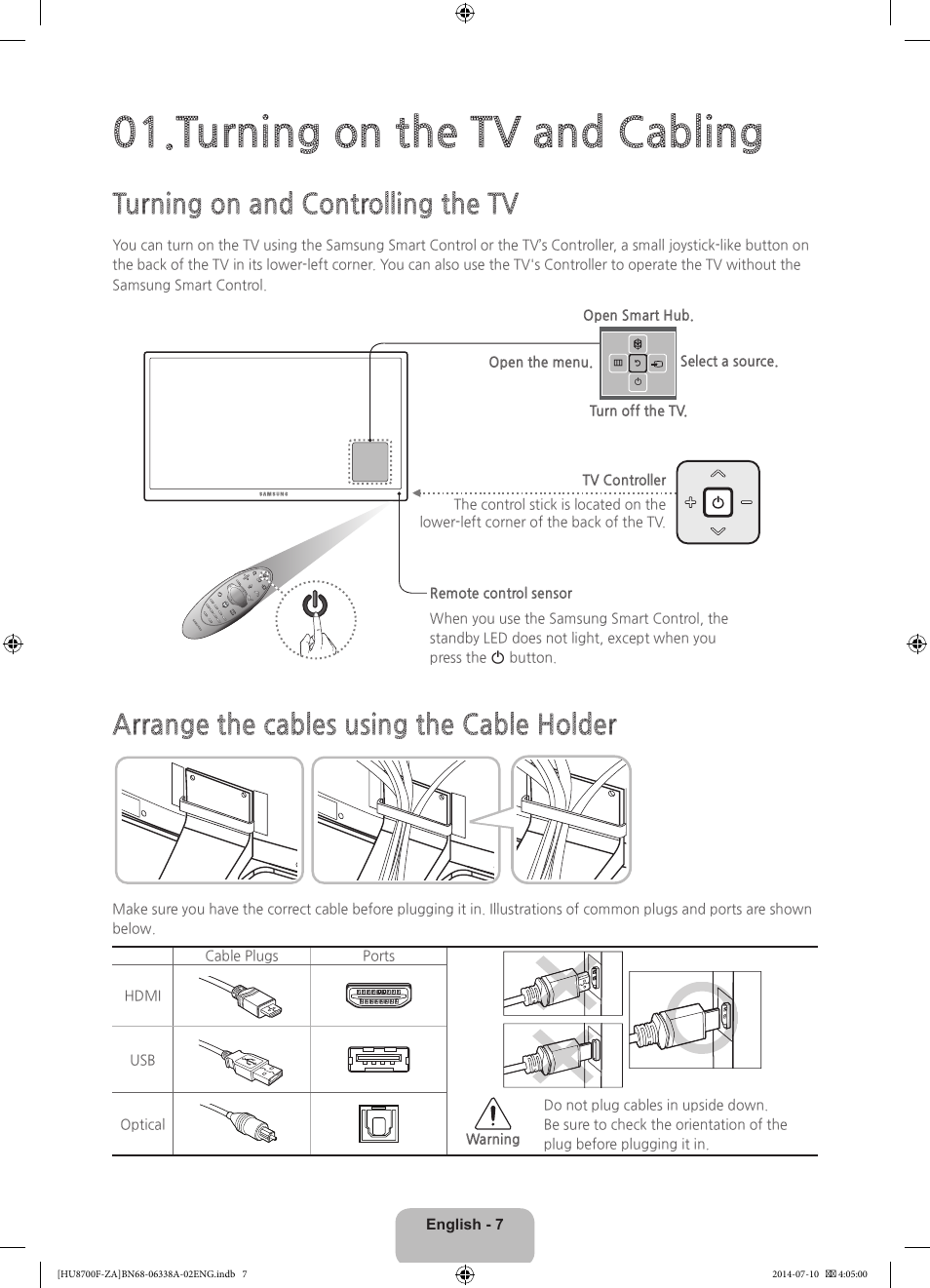 Turning on the tv and cabling, Turning on and controlling the tv, Arrange the cables using the cable holder | Samsung UN55HU8700FXZA User Manual | Page 7 / 39