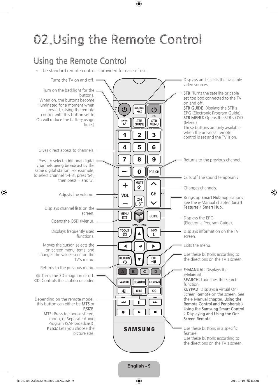 Using the remote control | Samsung UN55HU8700FXZA User Manual | Page 9 / 39