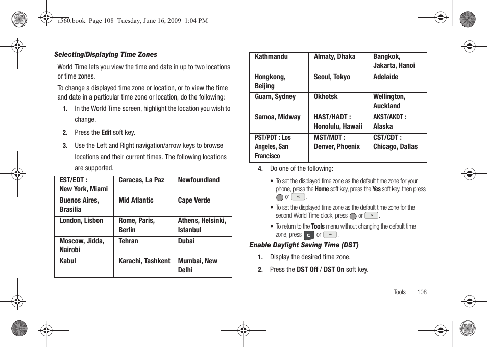 Selecting/displaying time zones, Enable daylight saving time (dst) | Samsung SCH-R560DAAMTR User Manual | Page 111 / 167