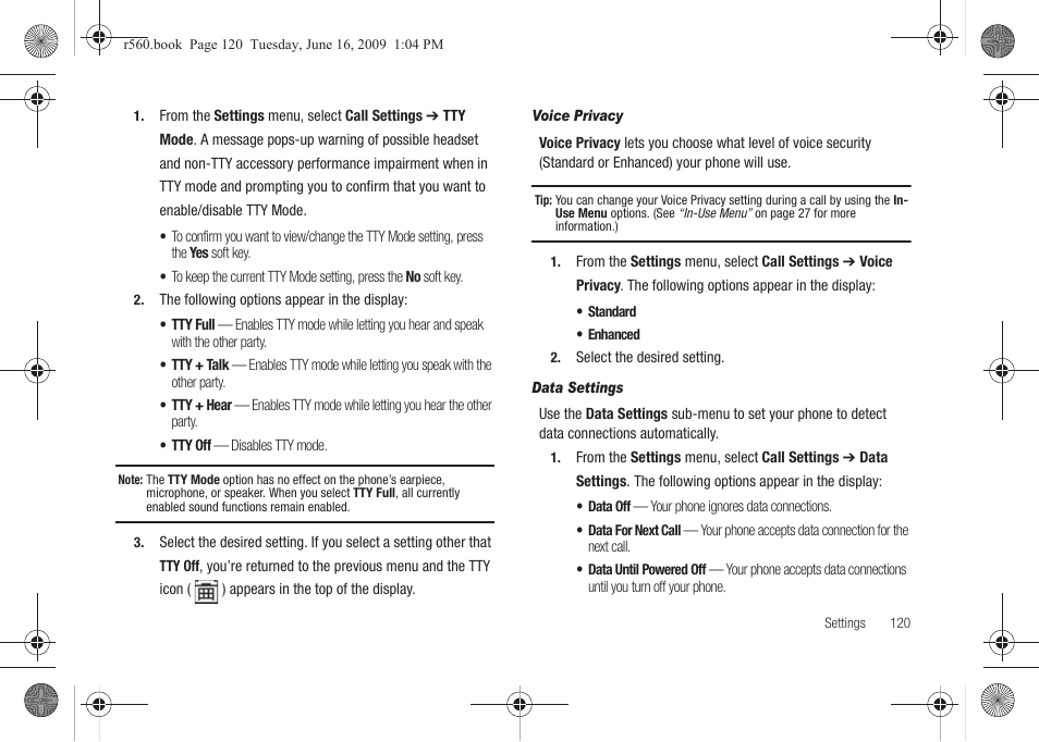 Voice privacy, Data settings | Samsung SCH-R560DAAMTR User Manual | Page 123 / 167