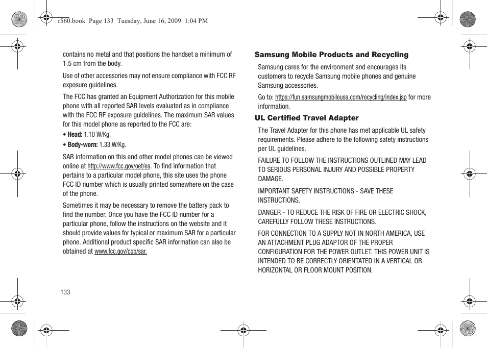 Samsung mobile products and recycling, Ul certified travel adapter | Samsung SCH-R560DAAMTR User Manual | Page 136 / 167