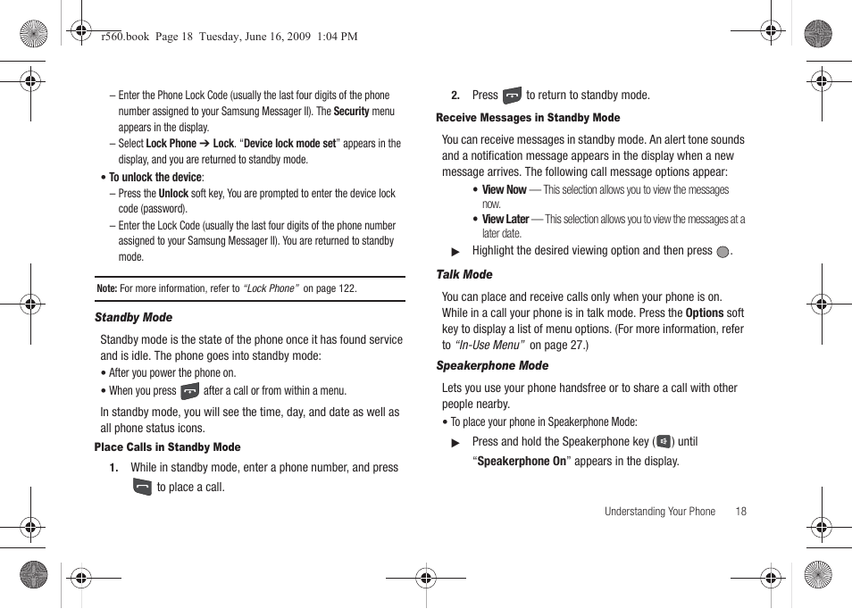 Standby mode, Place calls in standby mode, Receive messages in standby mode | Talk mode, Speakerphone mode | Samsung SCH-R560DAAMTR User Manual | Page 21 / 167