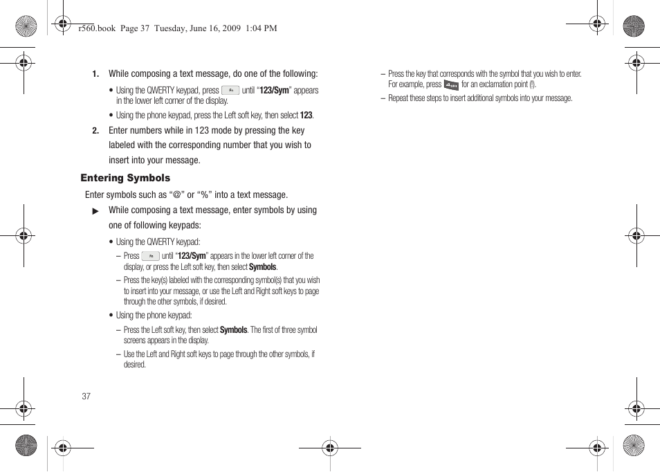 Entering symbols | Samsung SCH-R560DAAMTR User Manual | Page 40 / 167