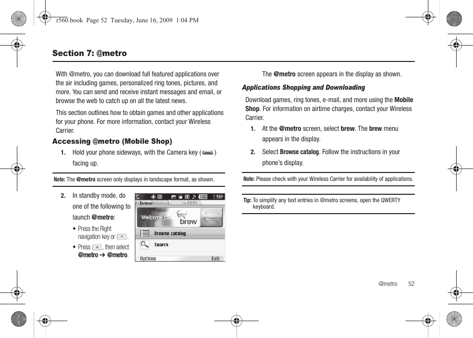 Section 7: @metro, Accessing @metro (mobile shop), Applications shopping and downloading | Samsung SCH-R560DAAMTR User Manual | Page 55 / 167