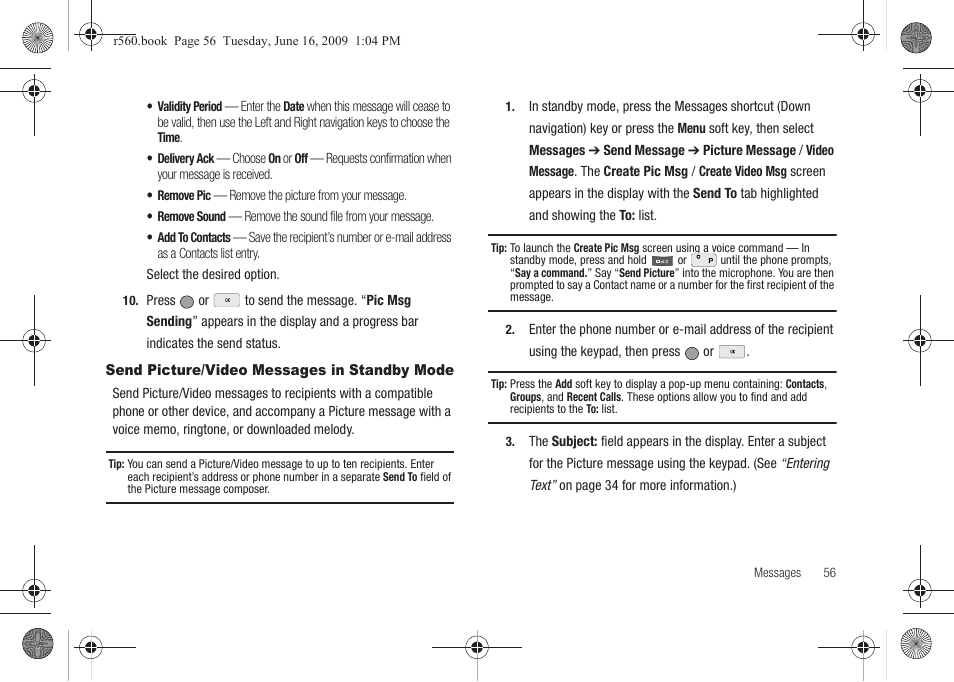 Send picture/video messages in standby mode | Samsung SCH-R560DAAMTR User Manual | Page 59 / 167