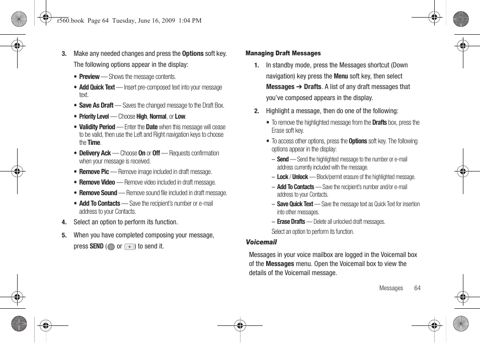 Managing draft messages, Voicemail | Samsung SCH-R560DAAMTR User Manual | Page 67 / 167