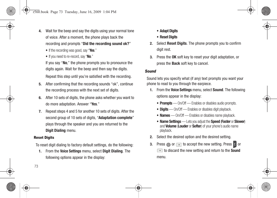 Reset digits, Sound | Samsung SCH-R560DAAMTR User Manual | Page 76 / 167