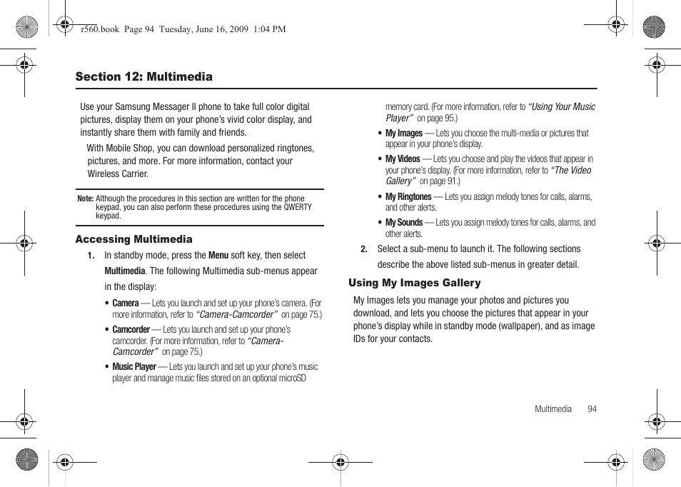 Section 12: multimedia, Accessing multimedia, Using my images gallery | Accessing multimedia using my images gallery, Il photos. (see “using my images | Samsung SCH-R560DAAMTR User Manual | Page 97 / 167