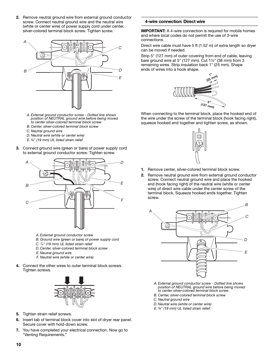 Tighten strain relief screws, Wire connection: direct wire, Remove center, silver-colored terminal block screw | Amana W10233410A User Manual | Page 10 / 28