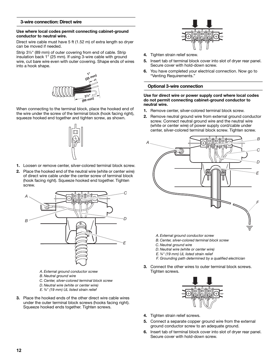Wire connection: direct wire, Tighten strain relief screw, Optional 3-wire connection | Remove center, silver-colored terminal block screw, Tighten strain relief screws | Amana W10233410A User Manual | Page 12 / 28