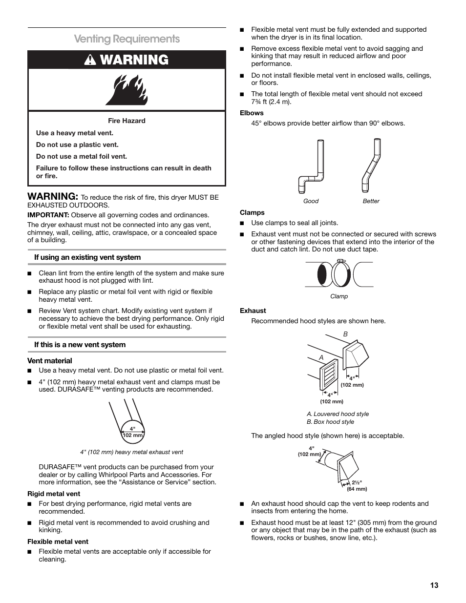Venting requirements, If using an existing vent system, If this is a new vent system | Vent material, Rigid metal vent, Flexible metal vent, Elbows, Good, Better, Clamps | Amana W10233410A User Manual | Page 13 / 28