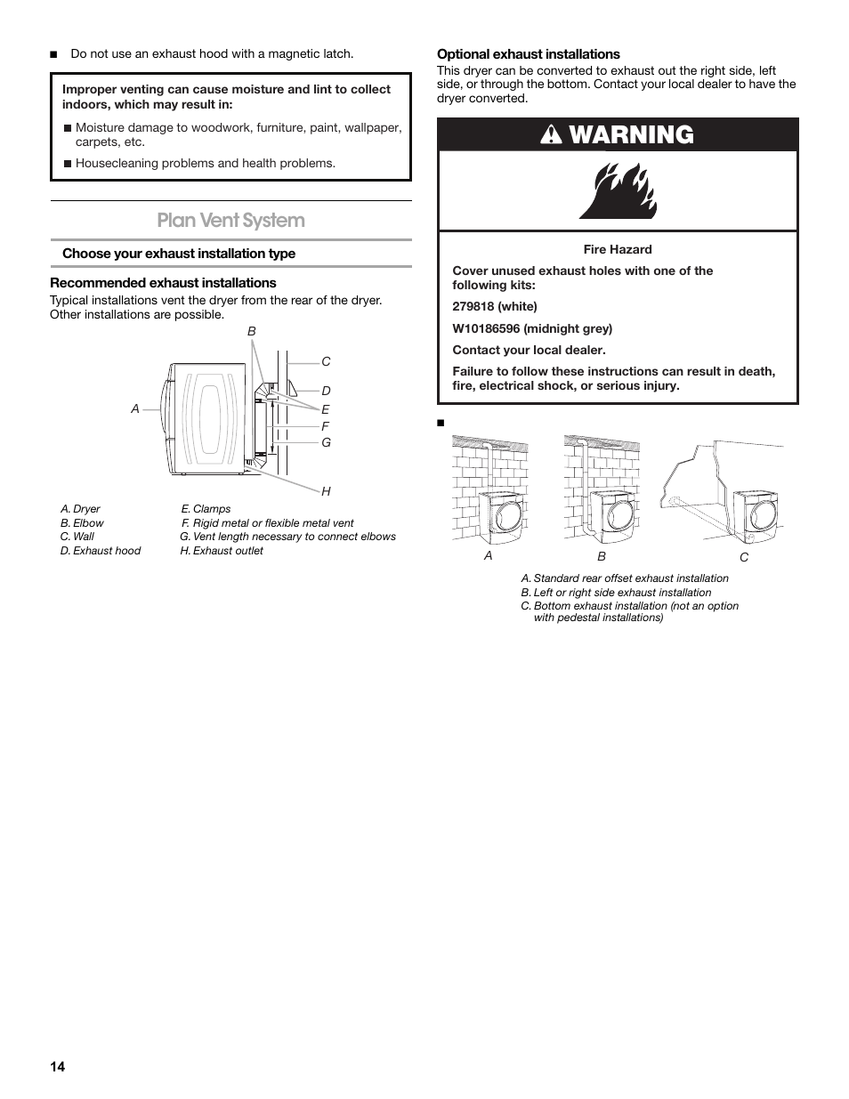 Plan vent system, Choose your exhaust installation type, Recommended exhaust installations | Optional exhaust installations, Warning | Amana W10233410A User Manual | Page 14 / 28