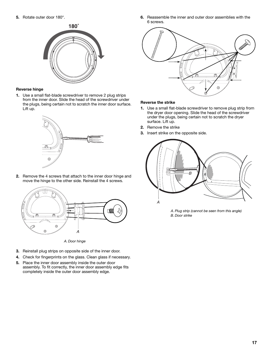 Rotate outer door 180, Reverse hinge, Reverse the strike | Remove the strike, Insert strike on the opposite side | Amana W10233410A User Manual | Page 17 / 28