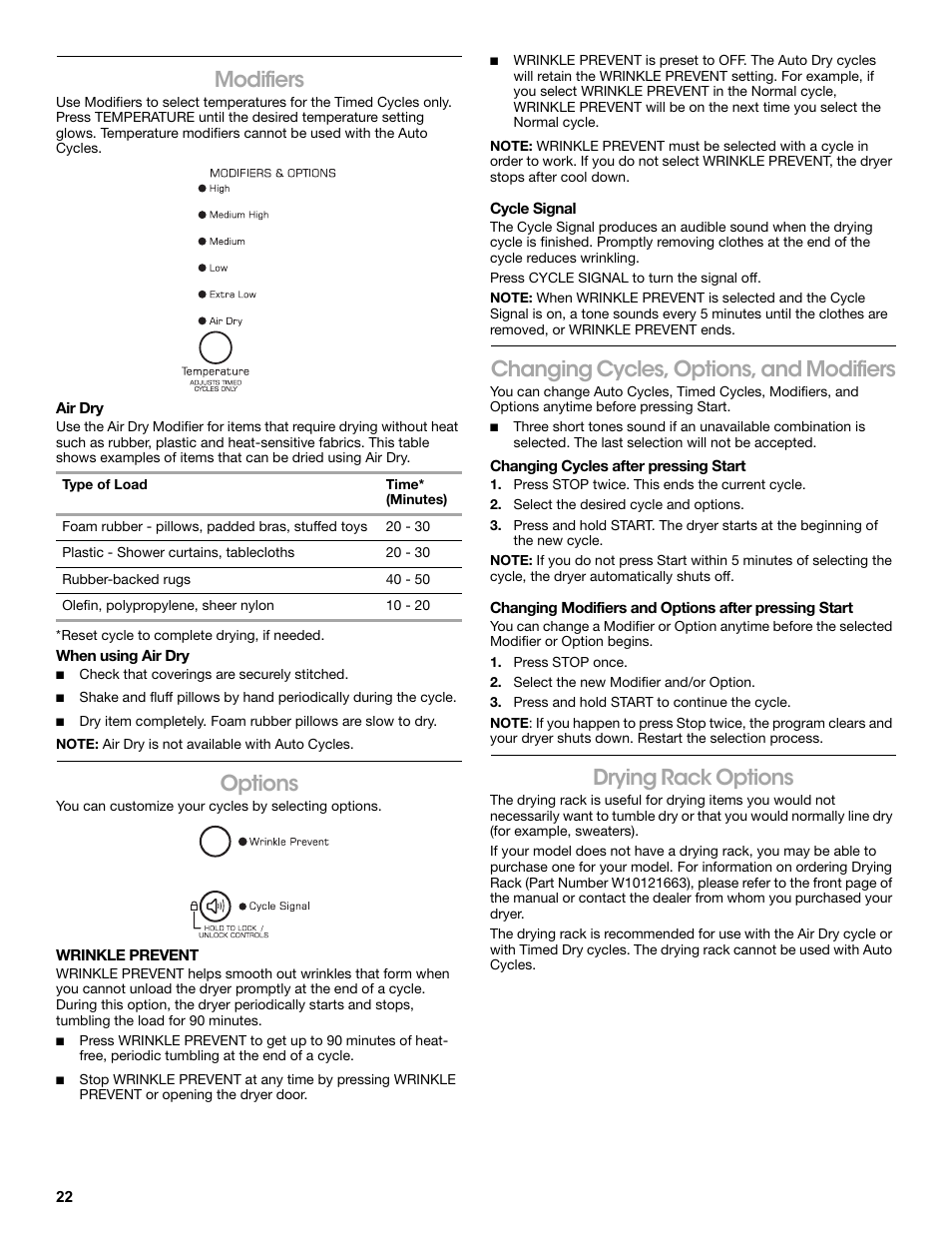Modifiers, Air dry, Type of load | Time* (minutes), When using air dry, Options, Wrinkle prevent, Cycle signal, Changing cycles, options, and modifiers, Changing cycles after pressing start | Amana W10233410A User Manual | Page 22 / 28
