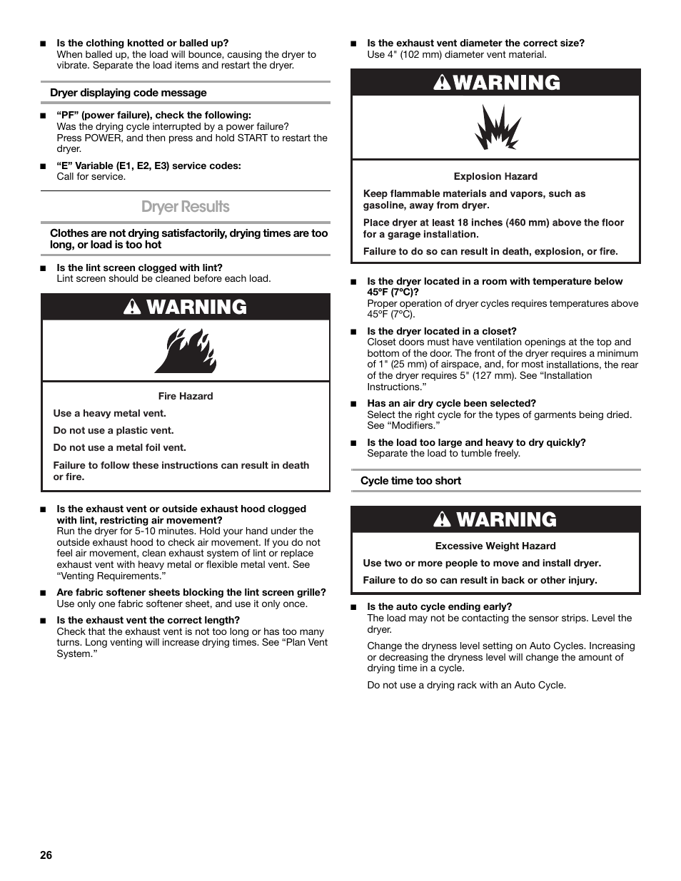 Dryer displaying code message, Dryer results, Cycle time too short | Warning | Amana W10233410A User Manual | Page 26 / 28