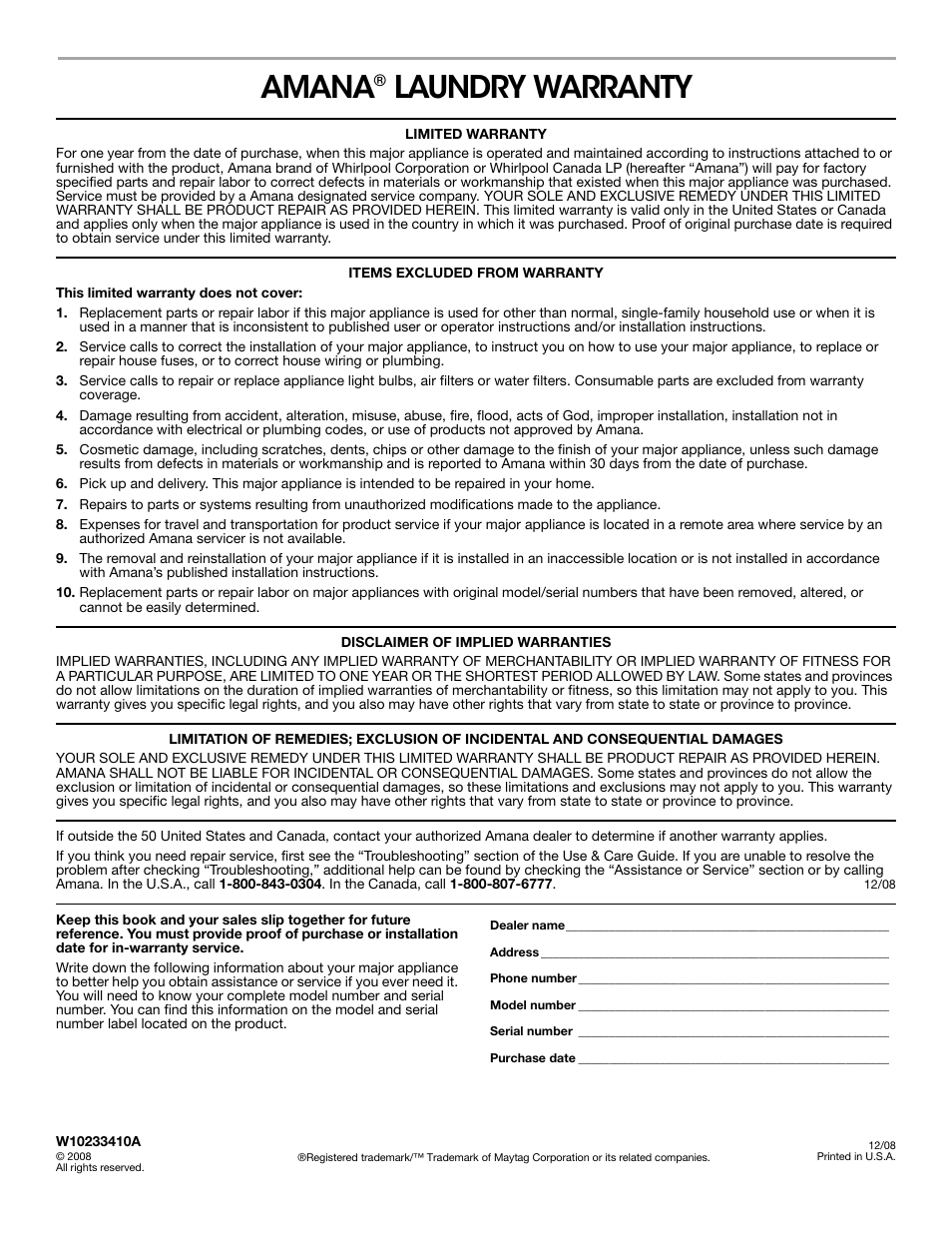 Amana® laundry warranty, Limited warranty, Items excluded from warranty | Disclaimer of implied warranties, Amana, Laundry warranty | Amana W10233410A User Manual | Page 28 / 28