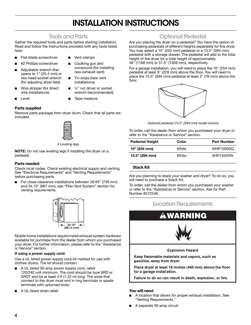 Installation instructions, Tools and parts, Parts supplied | 4 leveling legs, Parts needed, If using a power supply cord, Optional pedestal, Pedestal height, Color, Part number | Amana W10233410A User Manual | Page 4 / 28