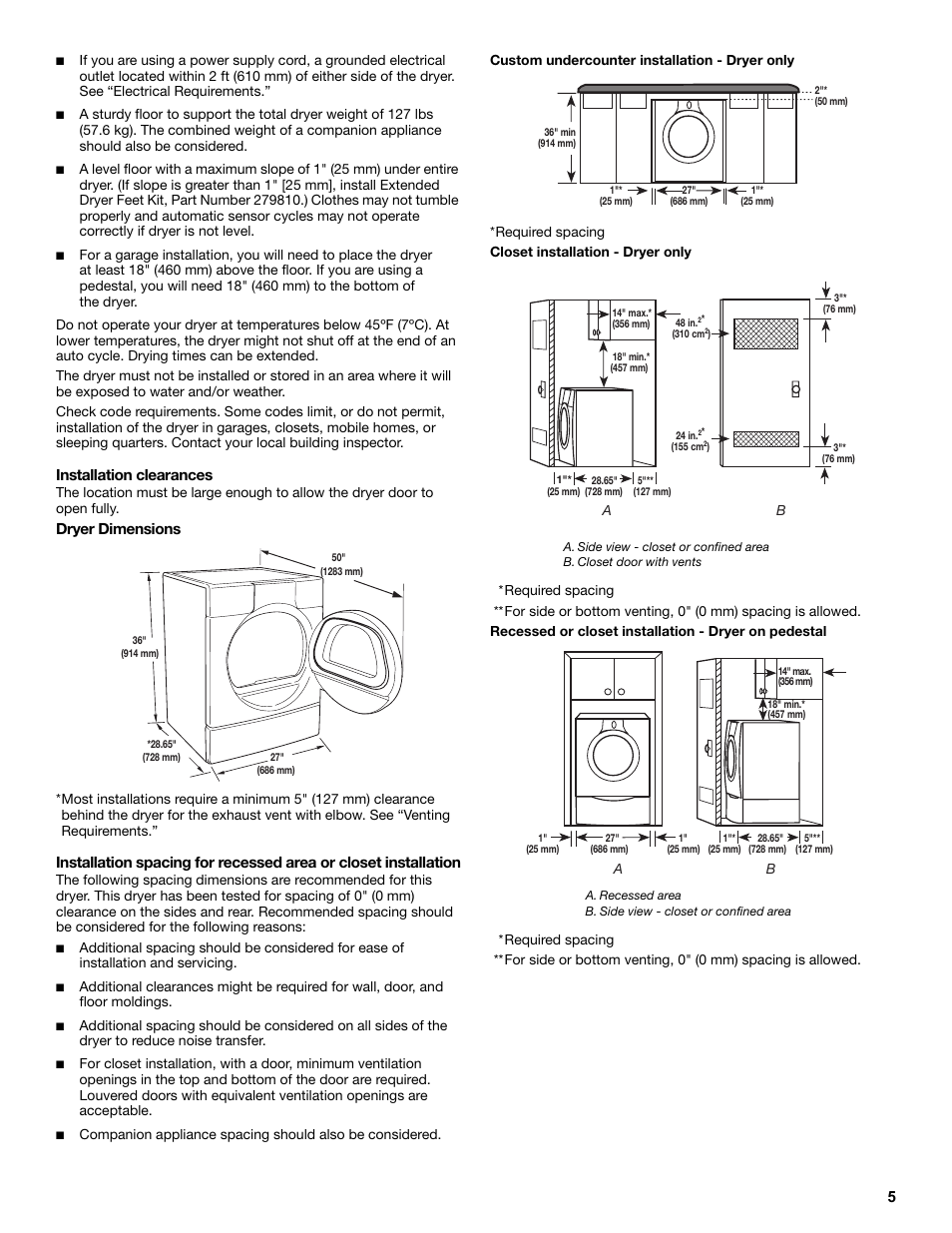 Installation clearances, Dryer dimensions | Amana W10233410A User Manual | Page 5 / 28