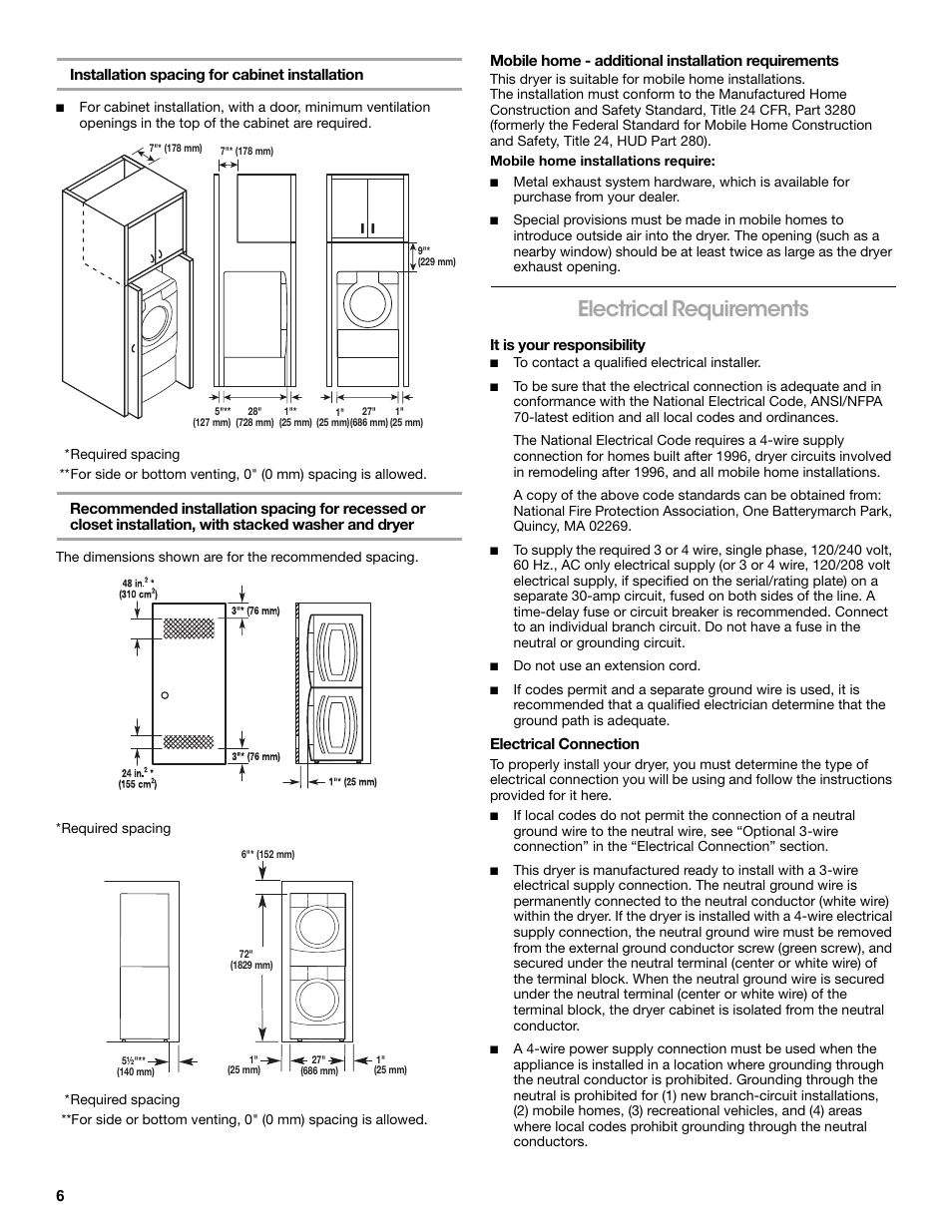 Installation spacing for cabinet installation, Mobile home - additional installation requirements, Mobile home installations require | Electrical requirements, It is your responsibility, Electrical connection | Amana W10233410A User Manual | Page 6 / 28