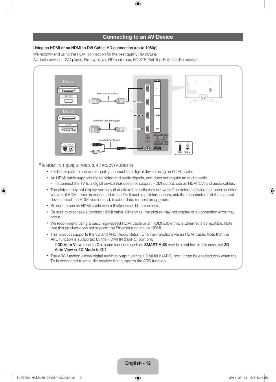 Connecting to an av device | Samsung UN55D7000LFXZA User Manual | Page 12 / 76