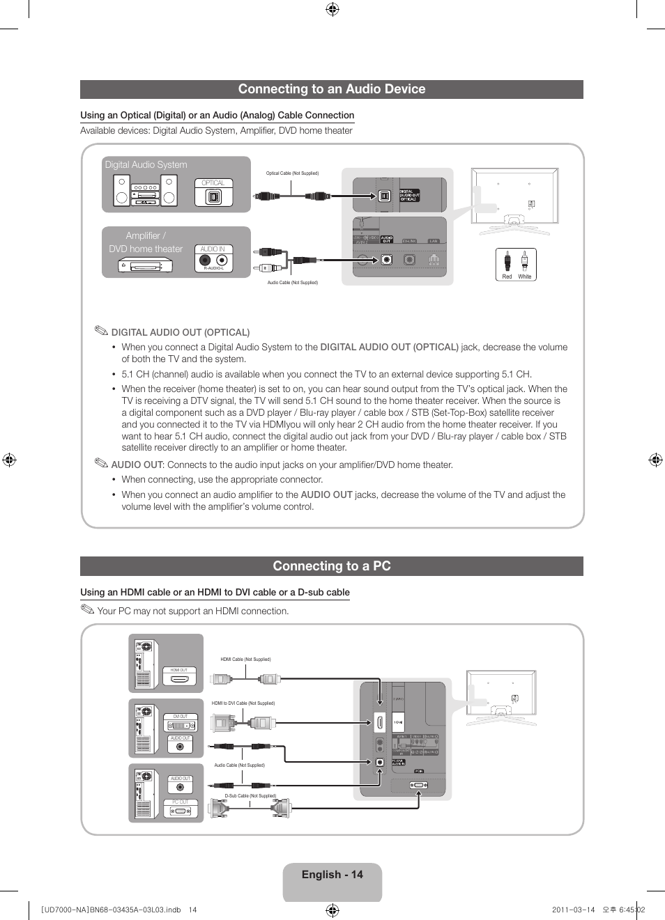 Connecting to an audio device, Connecting to a pc | Samsung UN55D7000LFXZA User Manual | Page 14 / 76